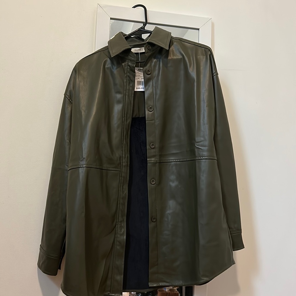 Green pleather button down shirt
